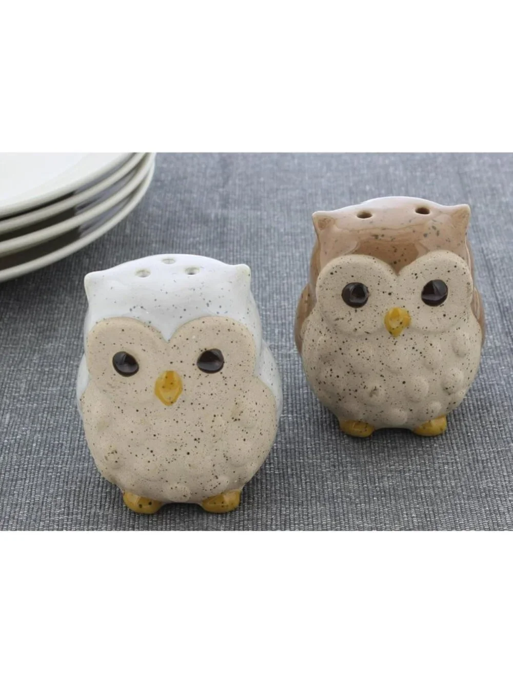 Hand-Painted Stoneware Owl Salt & Pepper Shakers | Brown & White Kitchen Decor